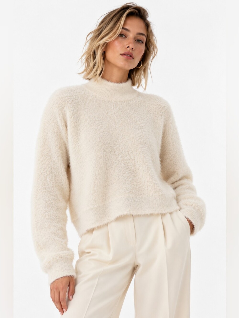 Bailey 44 Ivory Fuzzy Mock Neck Sweater Size Large